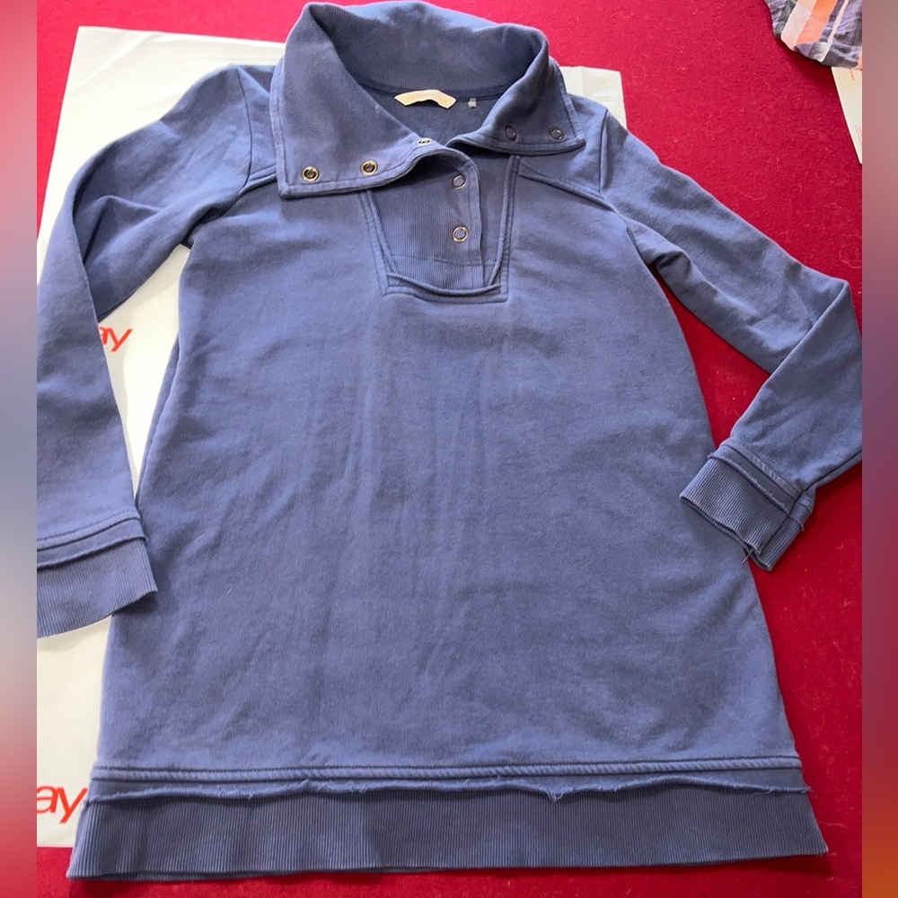 Soft Surroundings BLUE Sweatshirt long Tunic fold over Snap Neck cotton XS women
